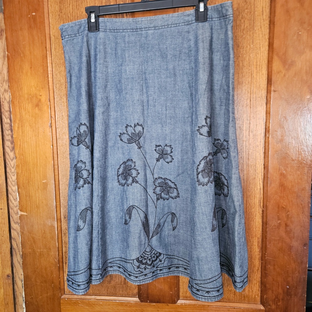 J. Jill Blue Chambray Floral Embroidered Cotton Midi A-Line Skirt Womens Size 16